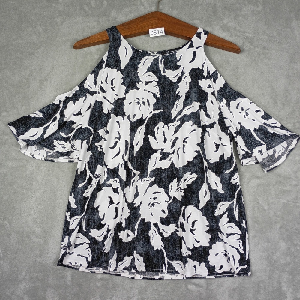 INC International Concepts Blouse Womens L Black White Floral Cold Shoulder Boho